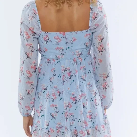 F21 Floral Print Long Sleeve Milkmaid Mini Dress Baby Blue / L/G  BNWT - Picture 2 of 4